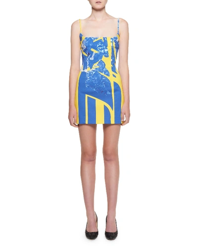 Halpern Square-neck Graffiti-denim Mini Dress In Blue/yellow | ModeSens