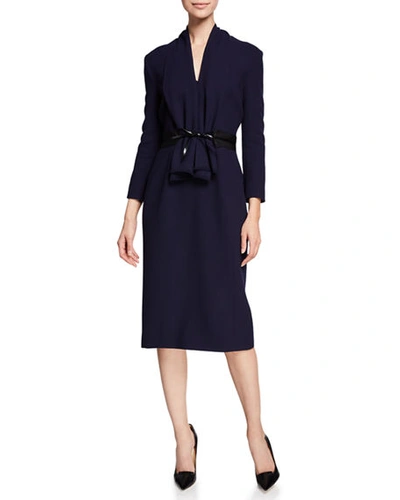 Atelier Caito For Herve Pierre 3/4-sleeve Bow-belted Cocktail Dress In Black/blue