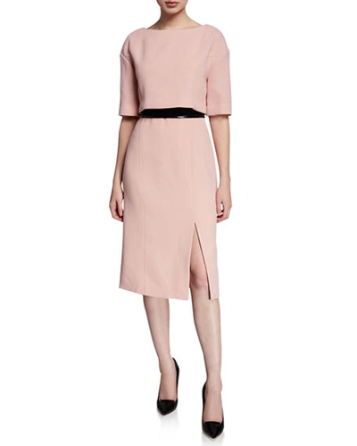 Atelier Caito For Herve Pierre 1/2-sleeve Bow-back Belted Cocktail Dress In Light Pink
