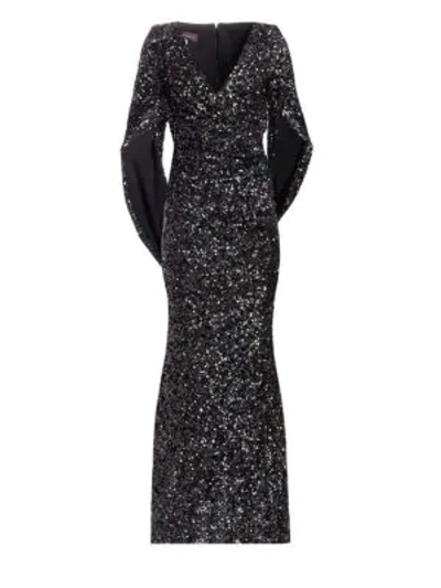 Talbot Runhof V-neck Cape-sleeve Sequined Trumpet Evening Gown In Black