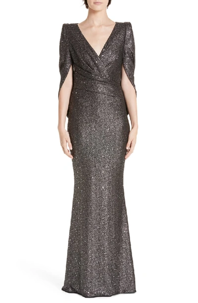 Talbot Runhof V-neck Cape-sleeve Embellished Trumpet Evening Gown In Silver