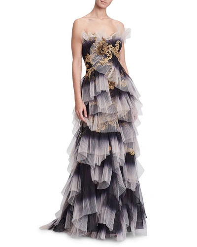 Marchesa Strapless Ombre-pleated Embellished Evening Gown In Black