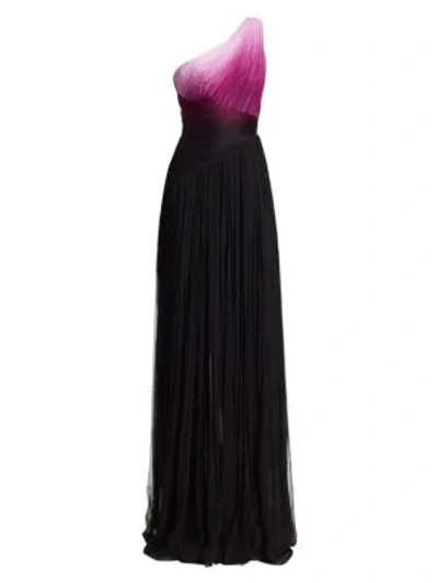 Pamella Roland One-shoulder Ombre Chiffon Gown In Purple Black