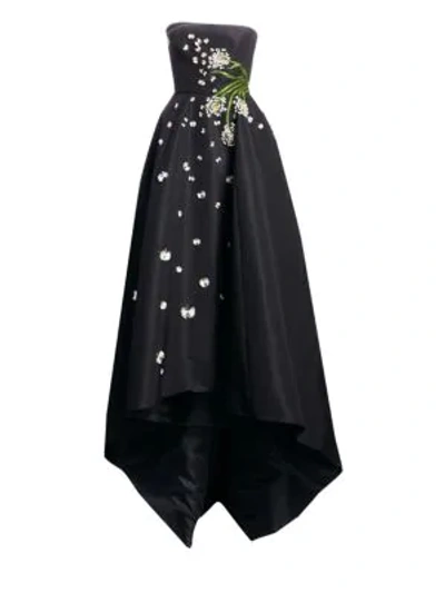 Monique Lhuillier Strapless Dandelion-embroidered High-low Ball Gown In Noir