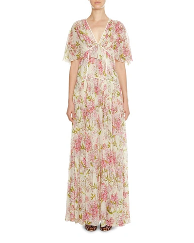 Giambattista Valli Floral-print Short-sleeve Tiered Gown In Pink/green