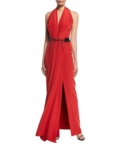 Atelier Caito For Herve Pierre Bowed-waist Halter Neck Gown In Red