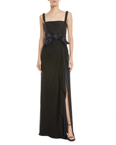 Atelier Caito For Herve Pierre Square-neck Two-tone Crepe Tie-waist Gown In Black/blue