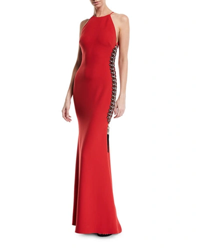 Badgley Mischka Beaded-side Zipper Slit High-neck Gown In Red