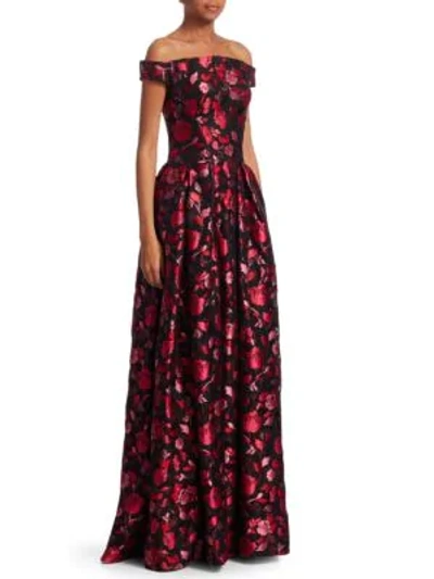 Zac Posen Off-the-shoulder Embellished Floral-jacquard Evening Gown In Multi Berry