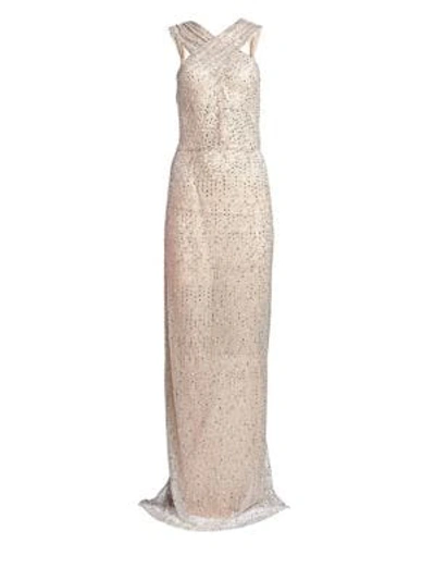 Naeem Khan Halter-neck Sleeveless Beaded-embroidered Evening Gown In Silver