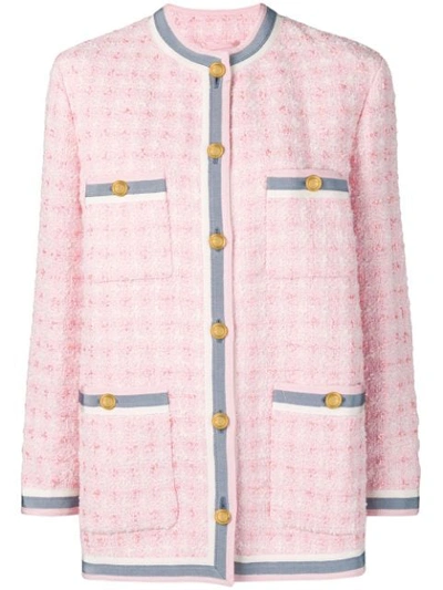 Gucci Stripe-trim Button-front Tweed Jacket In Pink