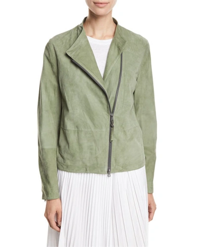 Brunello Cucinelli Suede Asymmetric Moto Jacket In Dark Green