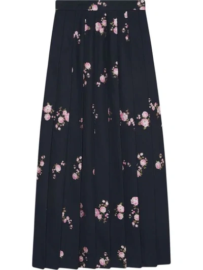 Gucci Camelia Bouquet Fil Coupe Pleated Maxi Skirt In Dark Blue Cotton Wool
