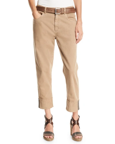 Brunello Cucinelli Monili-trimmed Straight-leg Cropped Jeans In Brown