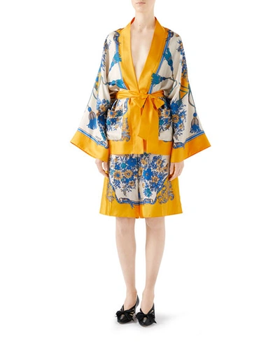 Gucci Floral And Tassel Print Silk Pajama Shorts In Yellow/blue