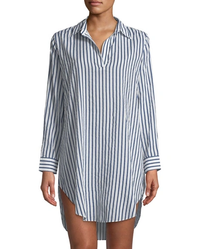 Pour Les Femmes Poet Striped Poplin Sleepshirt In White/blue