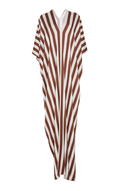 Oscar De La Renta V-neck Vertical-stripe Viscose Long Caftan Dress In Brown/white