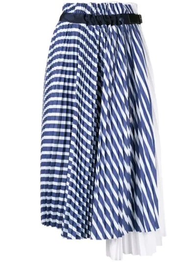 Sacai Pleated Striped Cotton-poplin Wrap Skirt In Blue And White