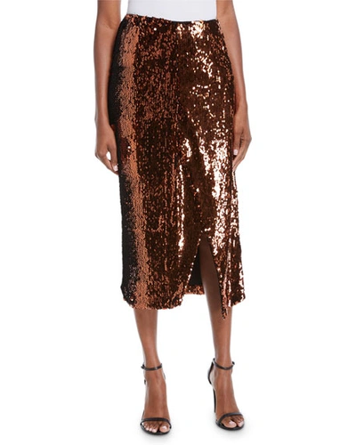 Sally Lapointe Sequin Front-slit Midi Pencil Skirt In Bronze