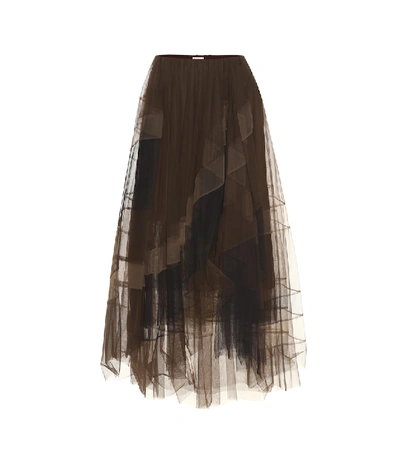 Brunello Cucinelli Diagonal-striped Asymmetric-tiered Tulle Skirt In Brown