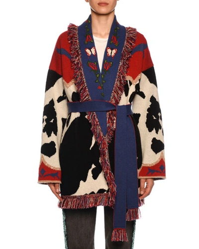 Alanui Cow-intarsia Belted Cashmere Cardigan In Multi Pattern