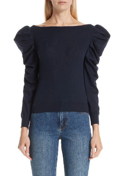 Co Puff-sleeve Boat-neck Fine Cashmere Sweater In Navy