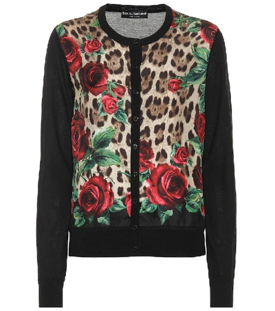 Dolce & Gabbana Rose & Leopard Silk-front Cashmere Cardigan In Black