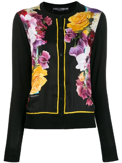Dolce & Gabbana Floral-print Silk-front Cashmere Cardigan In Black