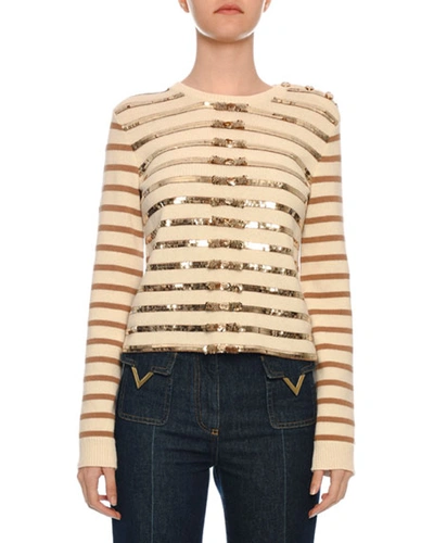 Valentino Long-sleeve Paillette-ribbon Embroidered Cashmere Sweater In Ivory