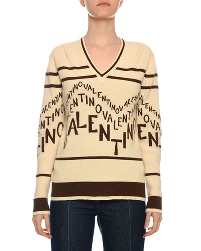 Valentino V-neck Chevron-logo Wool-cashmere Sweater In Brown/white