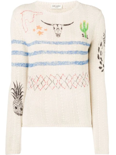 Saint Laurent Printed Cactus Cotton Knit Sweater In White