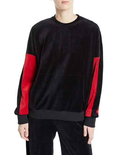 Alala Velour Crewneck Pullover Sweater With Colorblock Sleeves In Black/red