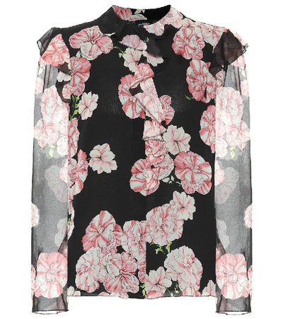 Giambattista Valli Long-sleeve Ruffled-trim Floral-print Silk Blouse In Black