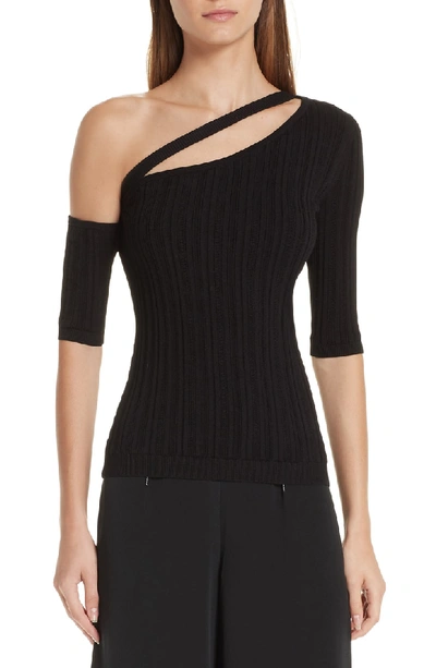 Cushnie One-shoulder Short-sleeve Ribbed Knit Top, Black