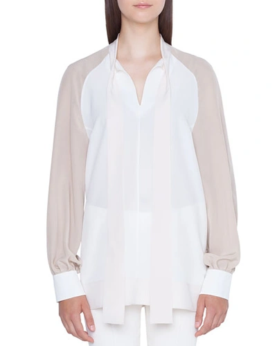 Akris Long-sleeve Colorblock Blouse With Detachable Cuffs In Multi Pattern