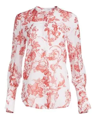 Oscar De La Renta Long-sleeve Toile-print Cotton Blouse In Scarlet