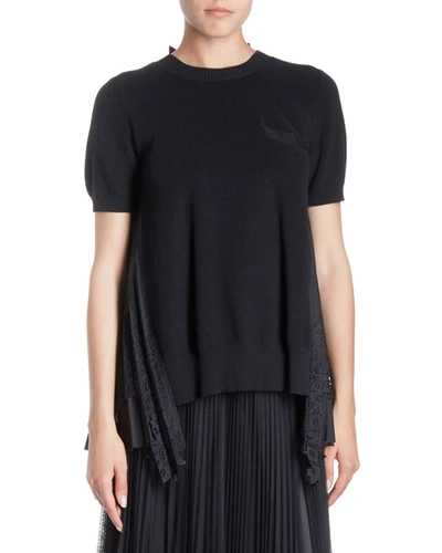 Sacai Crewneck Short-sleeve Lace-back Knit Top In Black