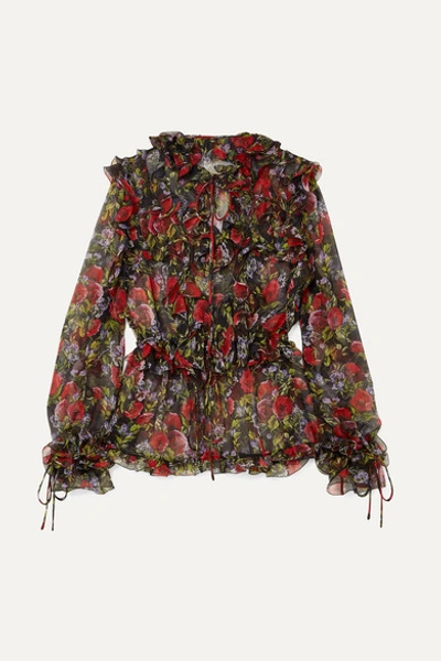 Dolce & Gabbana Ruffle Tie-neck Long-sleeve Floral-print Silk Chiffon Blouse In Black