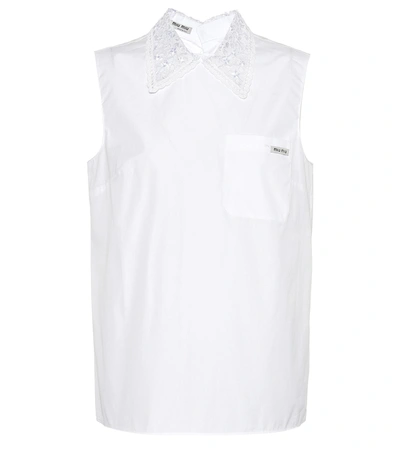 Miu Miu Macramé Star Collar Cotton Poplin Shirt In White
