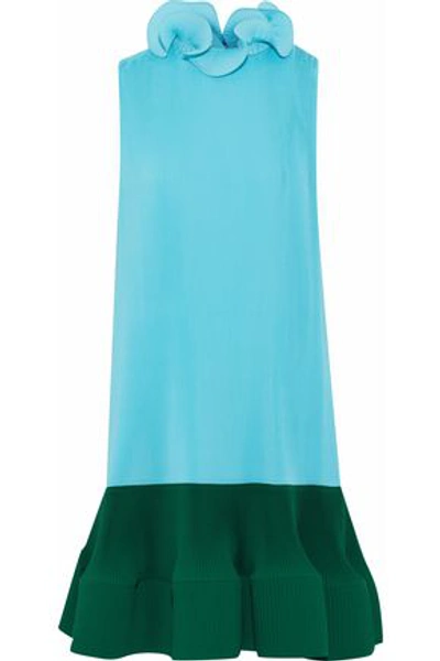 Tibi Woman Ruffled Two-tone Plissé Crepe De Chine Mini Dress Turquoise