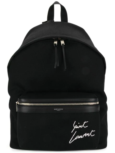 Saint Laurent Logo Embroidery Cotton Canvas Backpack In 1077 Blk Mu Modesens