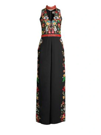 Alice And Olivia Nilsa Floral Embroidered Wide-leg Jumpsuit In Black Multi