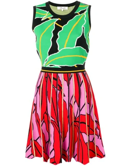 Diane Von Furstenberg Parker Pleated Leaf-print Short Dress In Vetiver Multi