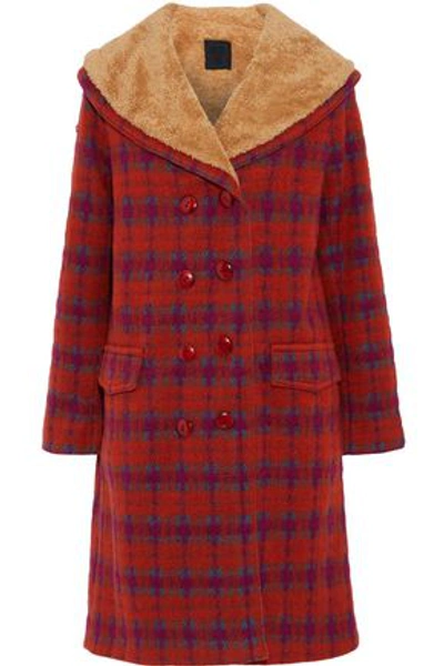 Anna Sui Woman Fleece-trimmed Checked Bouclé Coat Orange