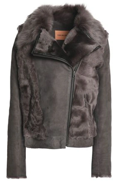 Yves Salomon Woman Paneled Shearling And Suede Biker Jacket Gray