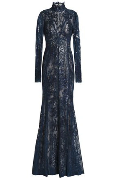 J Mendel Woman Embellished Embroidered Cotton-blend Lace Gown Navy