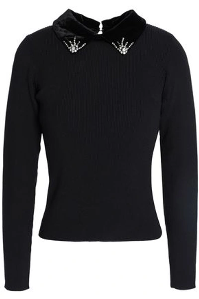 Sandro Woman Faux Fur-trimmed Embellished Stretch-knit Sweater Black