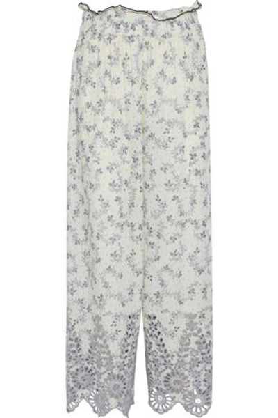 Ganni Woman Emile Printed Broderie Anglaise Wide-leg Pants Off-white