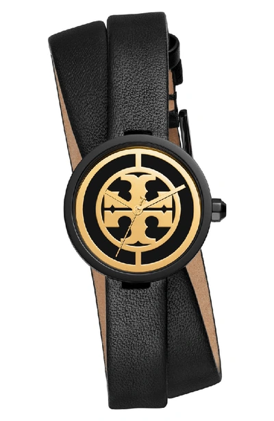 Tory Burch Reva Double Wrap Leather Strap Watch, 29mm In Black