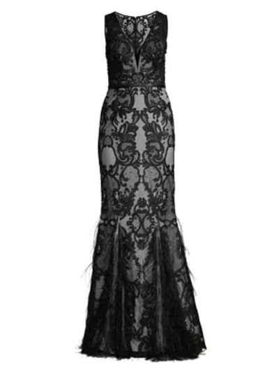 Basix Black Label Godet Embellished Lace Mermaid Gown In Champagne